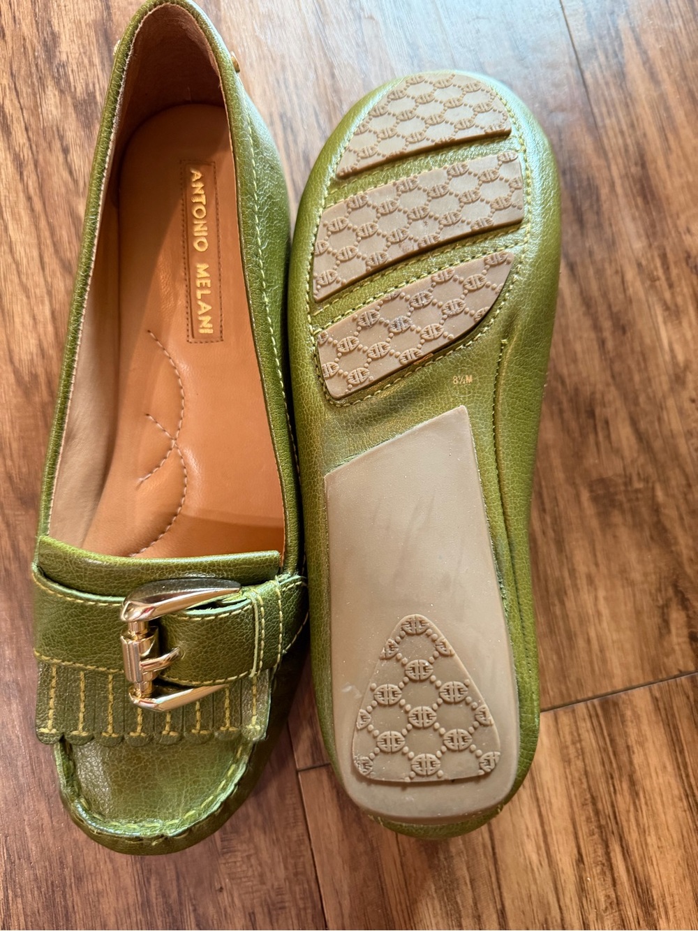 ANTONIO MELANI Metallic Olive Green Kiltie Buckle Loafers